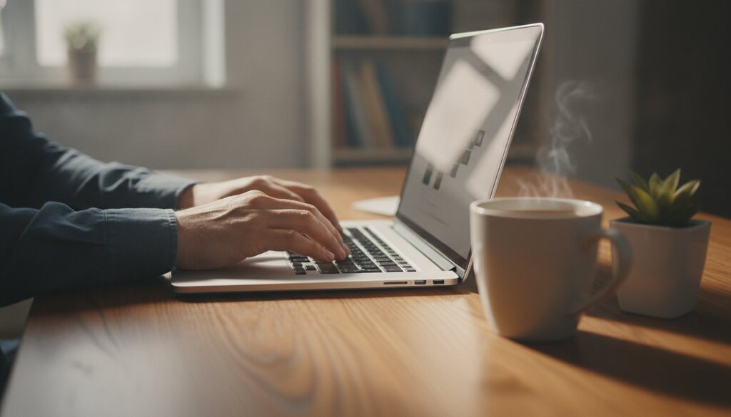 Handen typen op een laptop aan een houten bureau met koffie en een plant