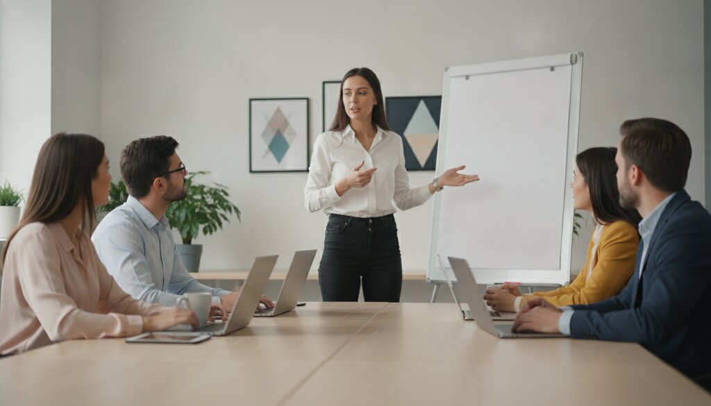 Medewerkers volgen een training in een lichte kantoorruimte met whiteboard en laptops