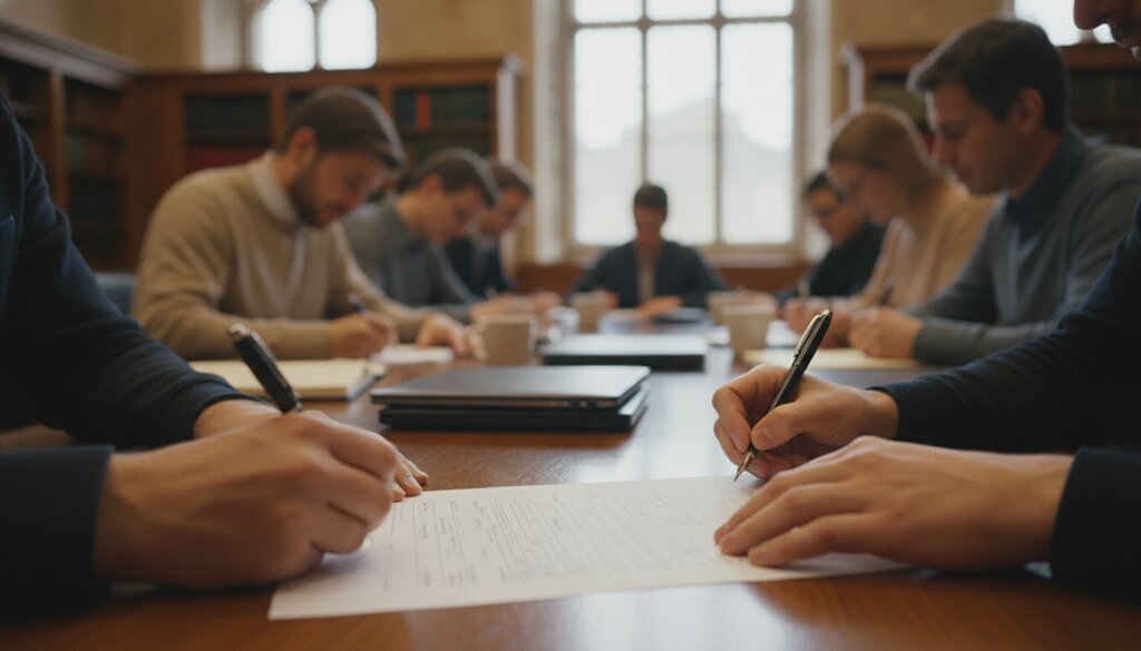 Academici ondertekenen een papieren document aan een lange tafel in een seminarzaal