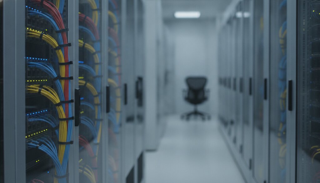 Netwerkkabels en serverracks in een gang van een datacenter