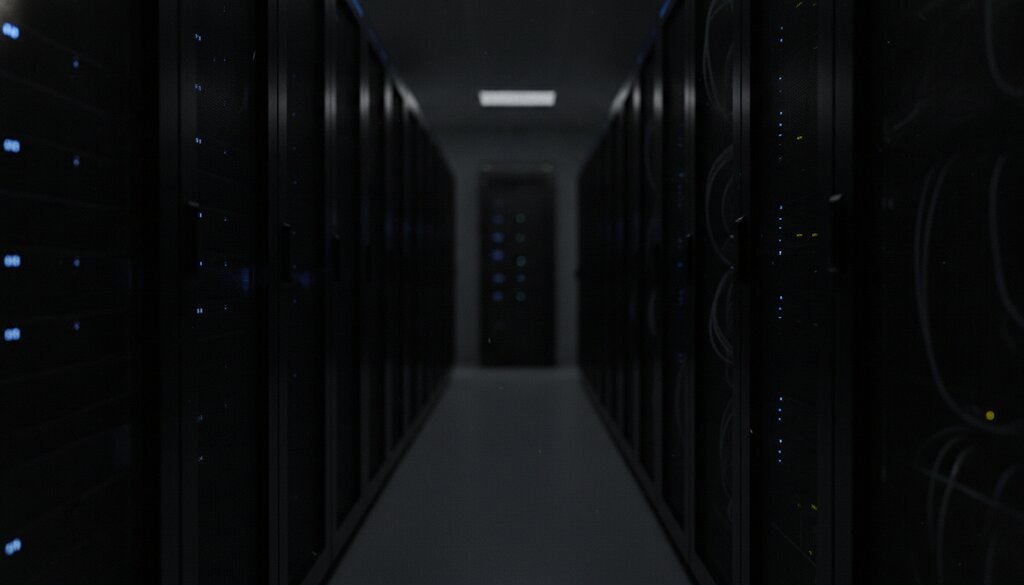 Verlaten gang met serverracks en zwakke blauwe lampjes in een datacenter bij nacht