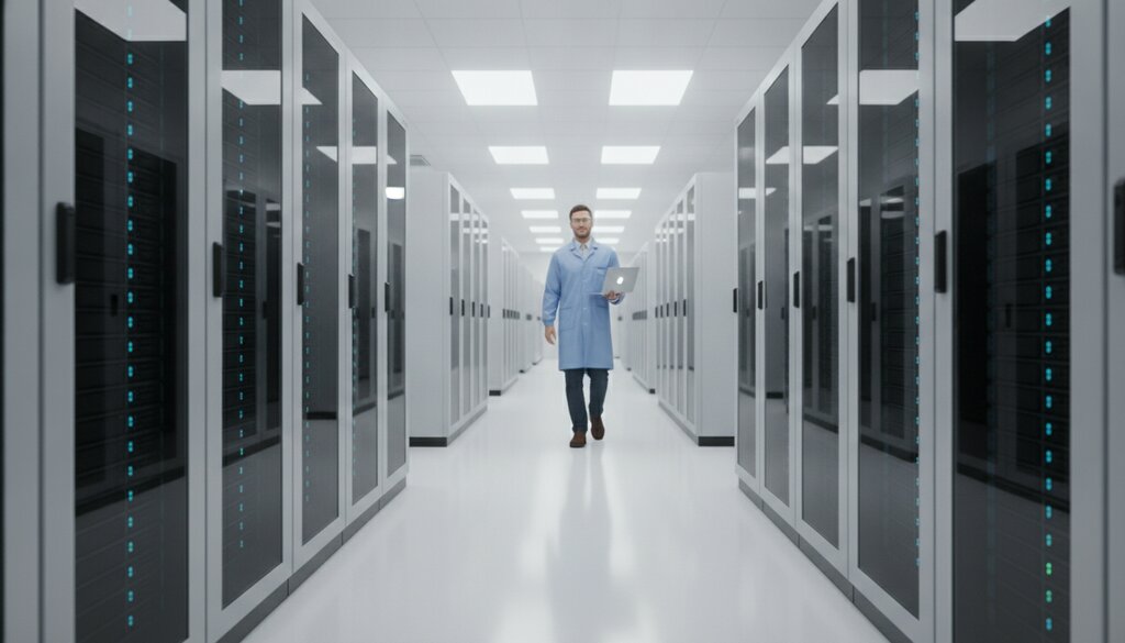 Technicus met laptop loopt tussen serverrekken in een licht datacenter