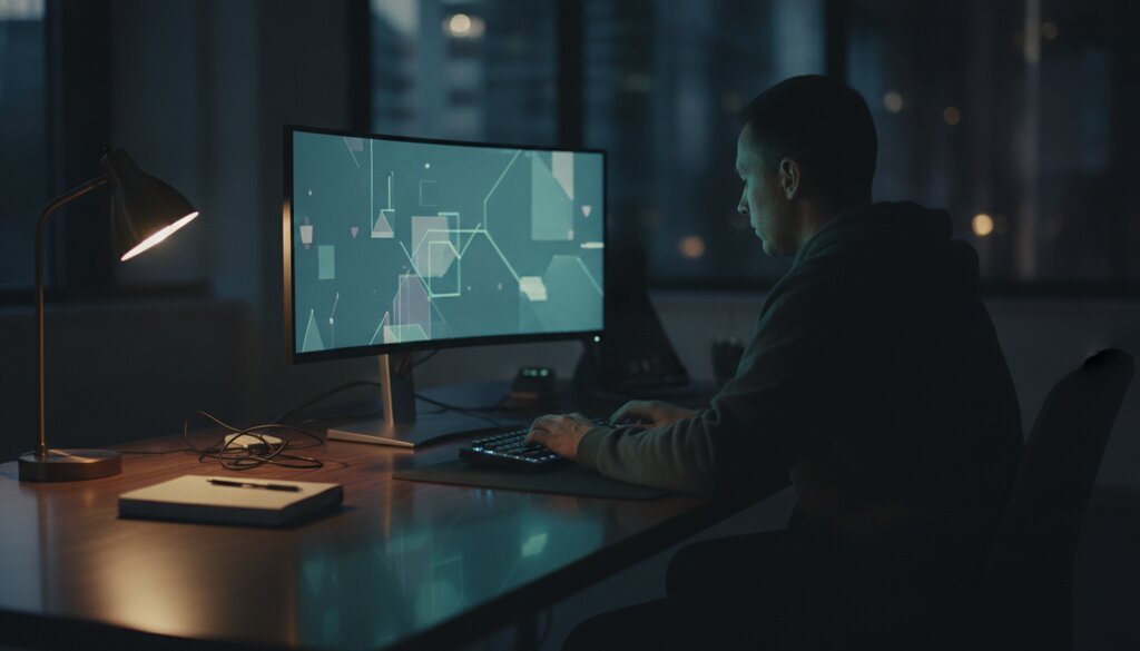 Beveiligingsanalist achter een verlicht scherm in een donker kantoor, cyberdefensie in de praktijk