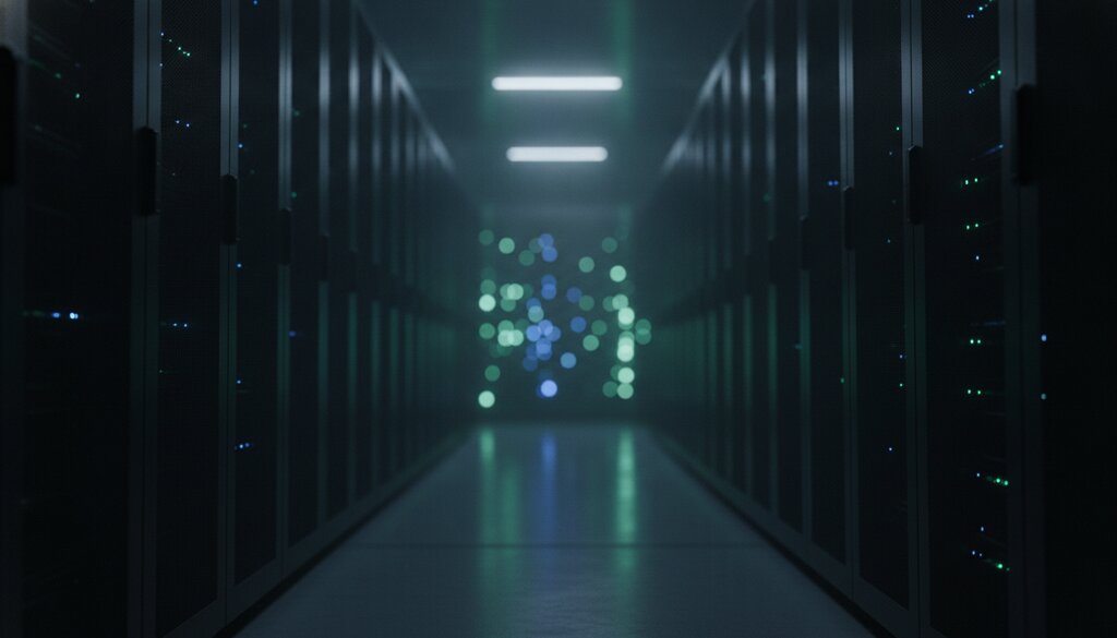 Verlaten gang met serverracks in een donker datacenter met blauwe en groene ledlampjes