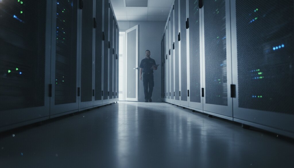 Gang met serverracks, technicus loopt weg in de verte