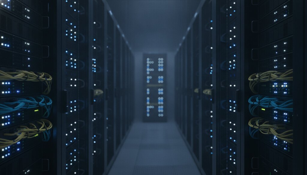 Donkere serverruimte met rijen serverracks en blauwe indicatielampjes