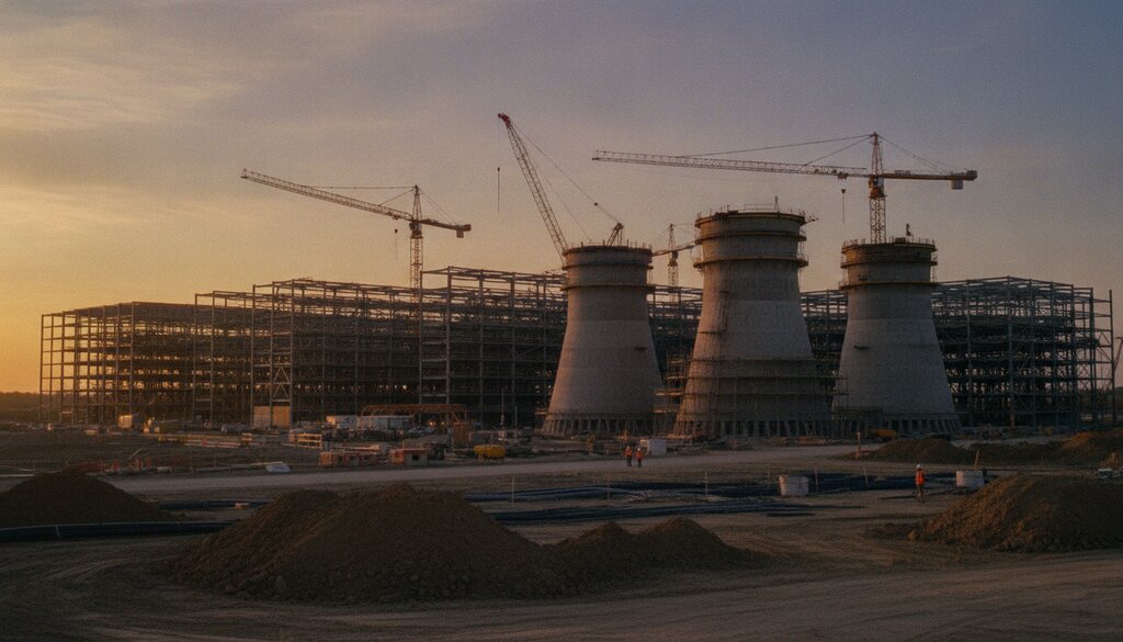 Bouw van een datacentercampus met kranen in de avondschemering