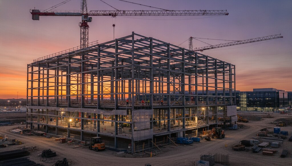 Bouwplaats van een nieuw datacenter bij schemering met kranen en staalconstructie