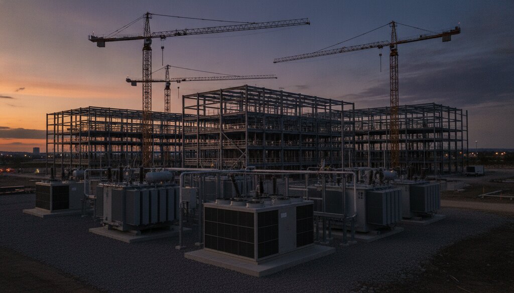 Bouwplaats van een datacenter bij schemering met transformatoren en kranen