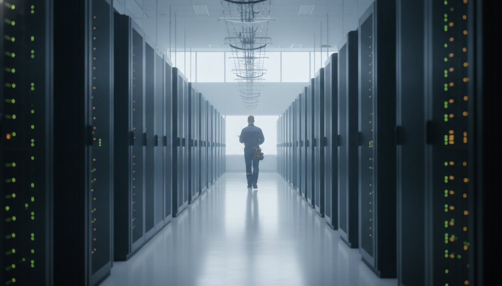 Lange rijen serverracks in een datacenterhal met een technicus in het gangpad