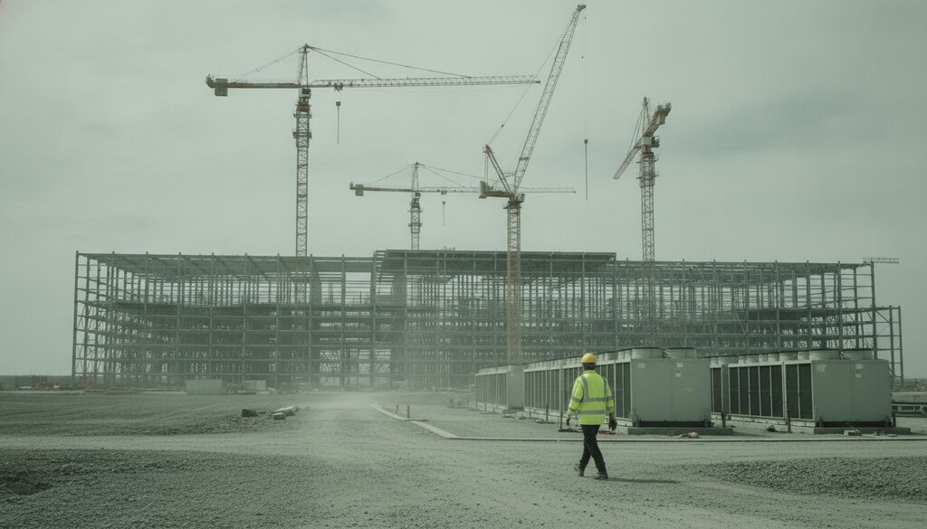 Datacenter in aanbouw met kranen en stalen constructie, een ingenieur loopt langs koelunits