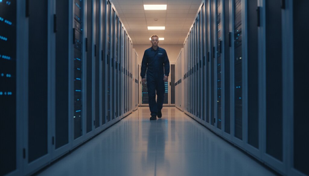 Technicus loopt door een gang met serverracks in een datacenter