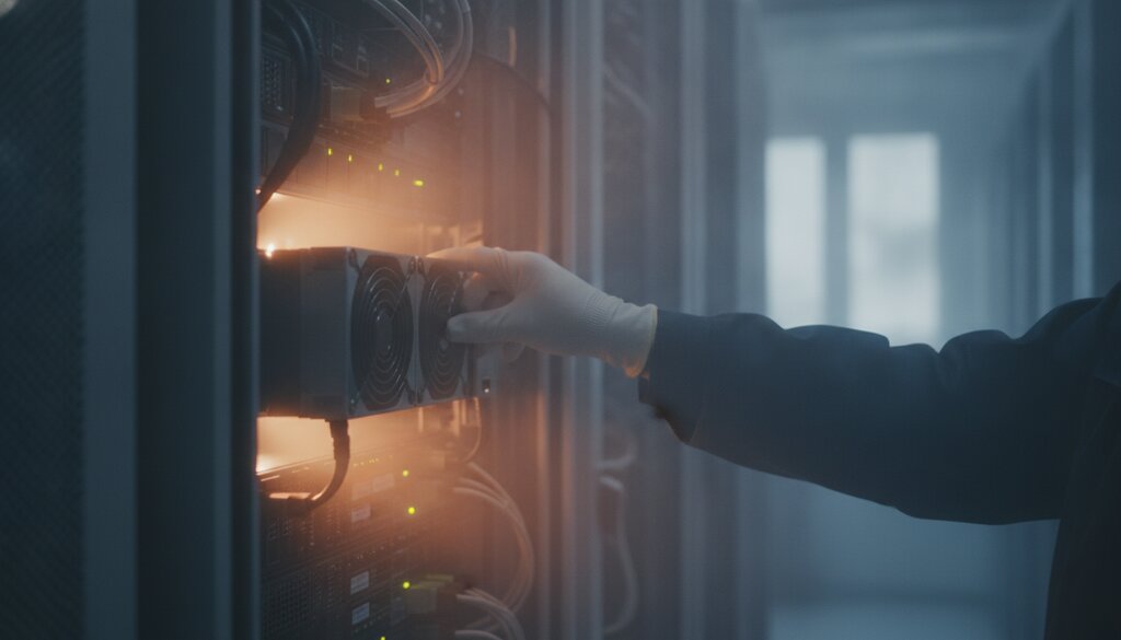 Technicus bij een koelsysteem van een serverrack in een datacenter