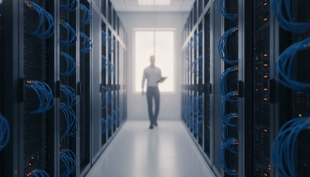 Serverrijen in een datacentergang met een engineer op de achtergrond