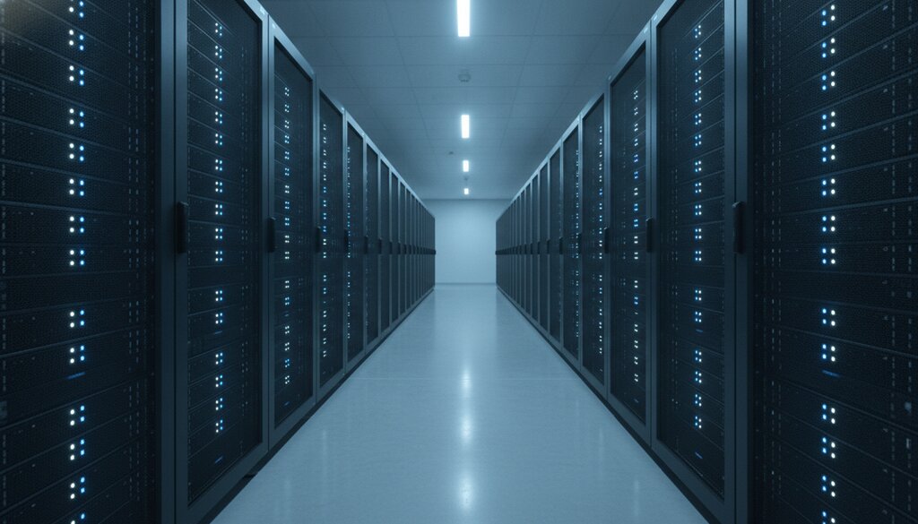Serverhal in een datacenter met rijen serverracks voor AI-inferentie