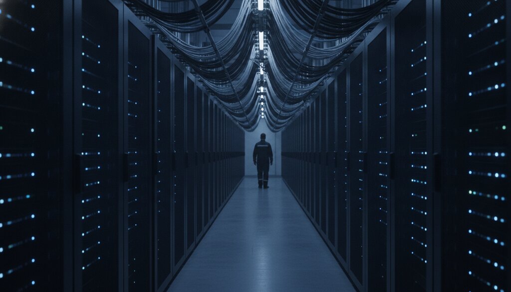 Lange gang met serverkasten in een datacenter voor AI-inferentie