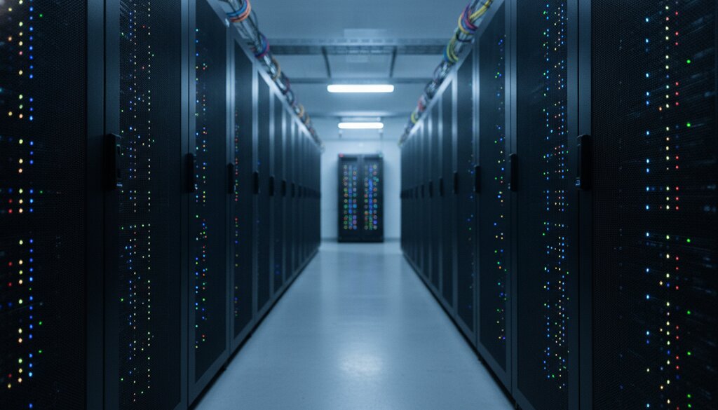 Serverhal in een datacenter met rijen serverracks en blauwe verlichting