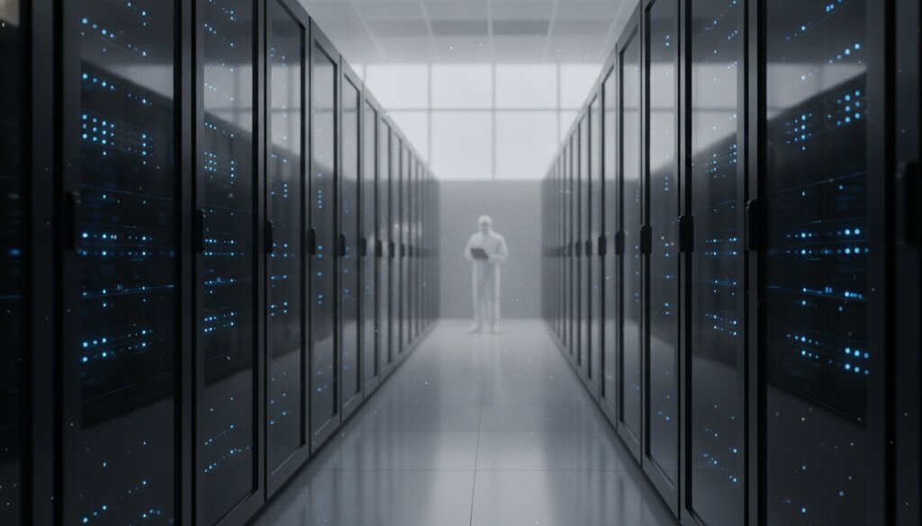 Technicus loopt door een gang met serverracks in een datacenter