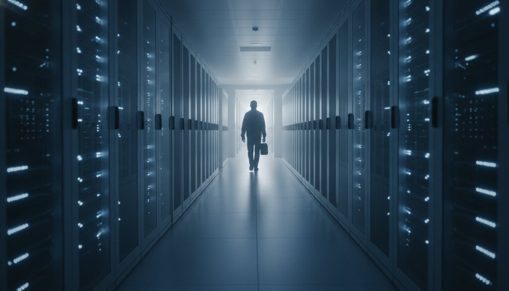 Gang in een datacenter met verlichte serverracks en een technicus in silhouet