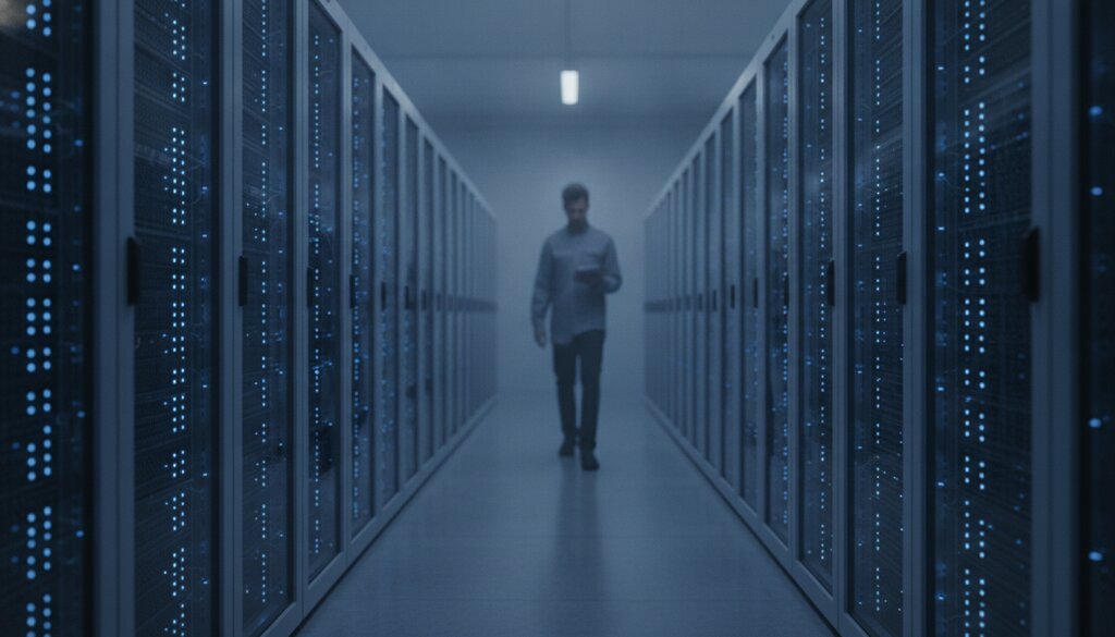 Serverhal met lange rijen racks en blauwe indicatielampjes