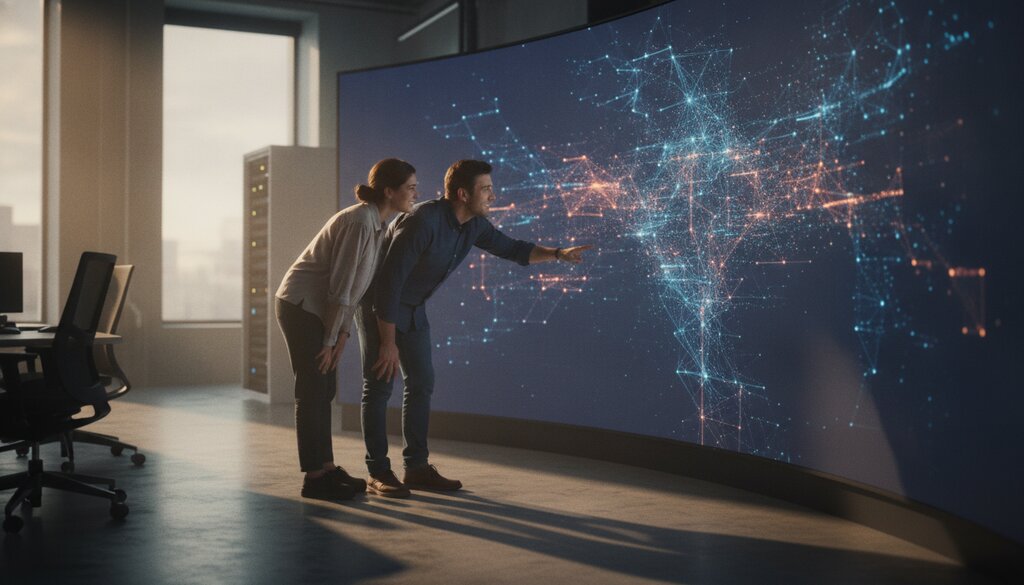 Twee engineers bekijken een netwerkvisualisatie in een controlekamer