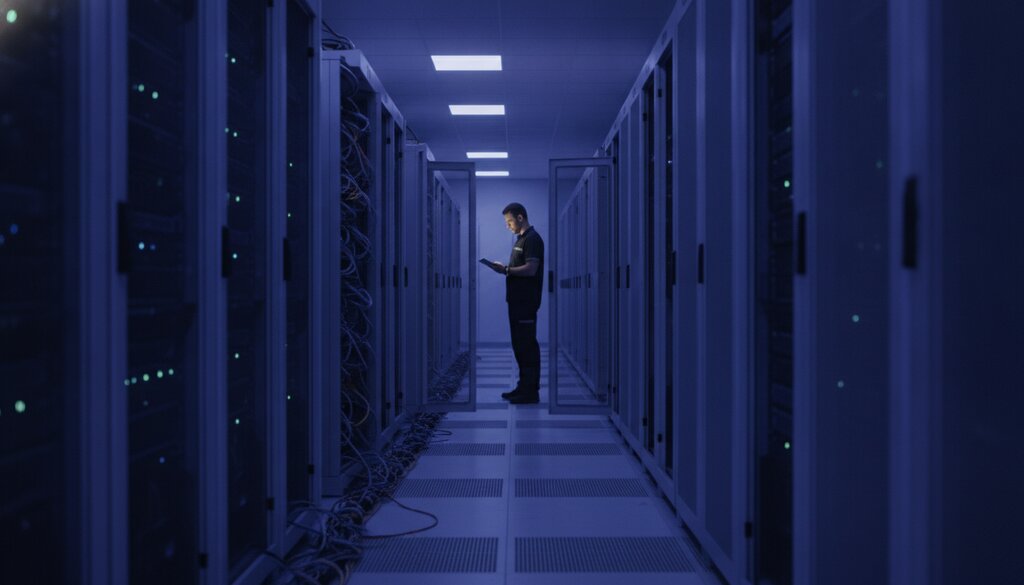 Serverhal in een groot datacenter met rijen serverracks