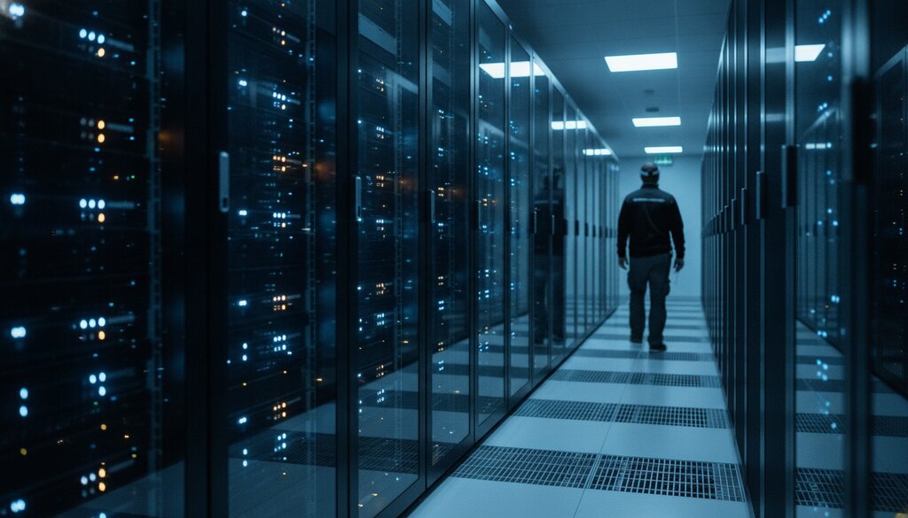 Gang met serverracks in een datacenter bij nacht