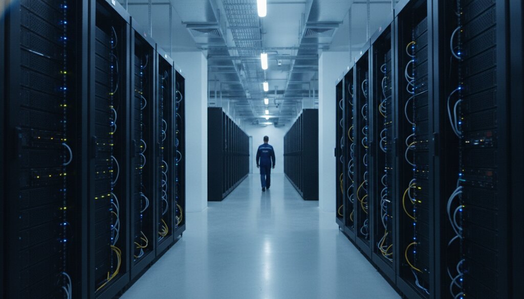 Serverhal van een modern datacenter met lange rijen serverracks in koel blauw licht