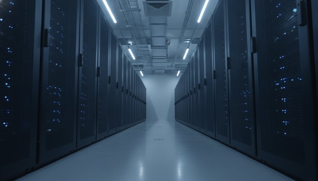 Gang met serverracks en blauwe lampjes in een modern datacenter