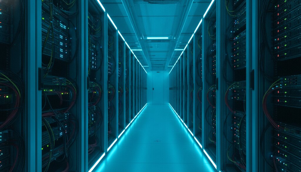 Serverracks in een modern datacenter met blauwe verlichting