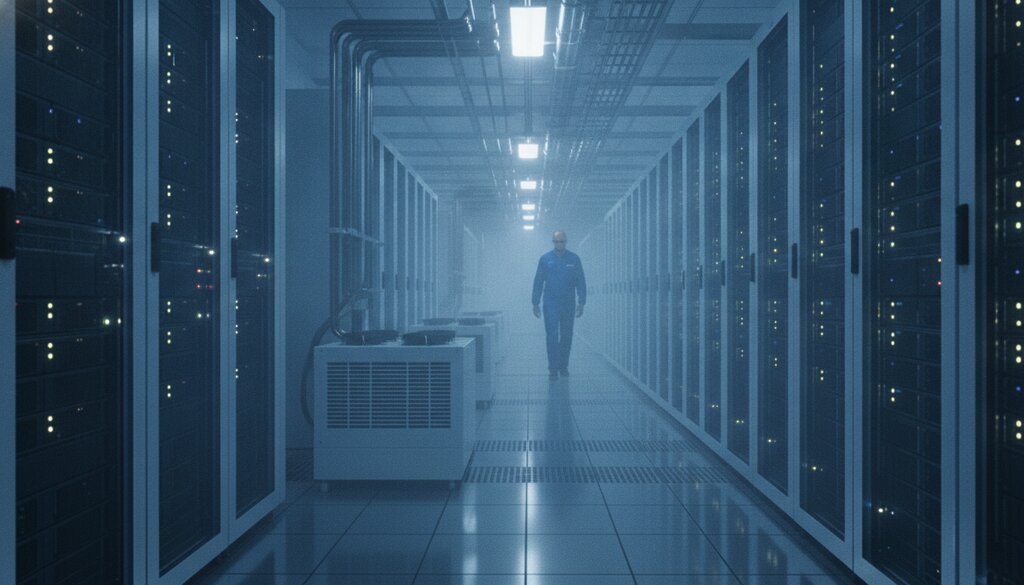 Serverhal in een datacenter met rijen verlichte serverracks