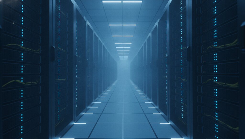 Serverhal van een AI-datacenter met lange rijen serverracks