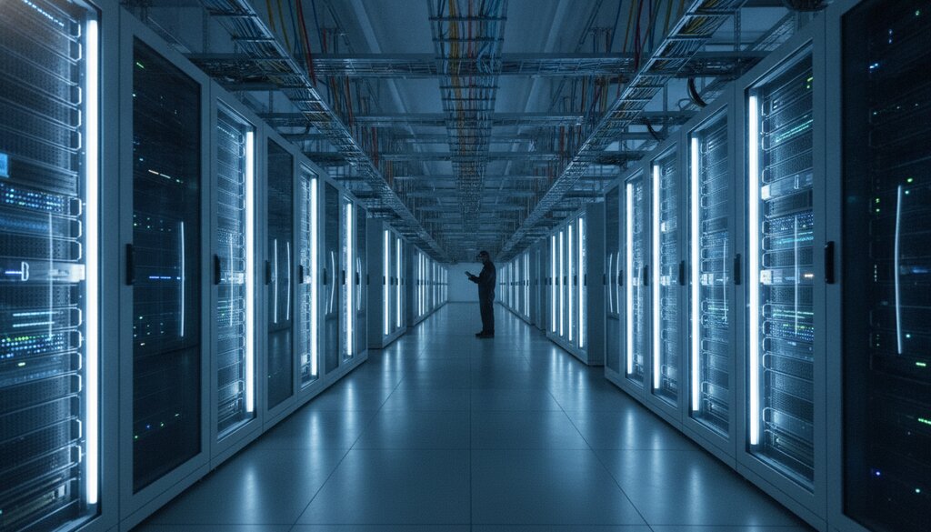 Serverhal van een datacenter met lange rijen verlichte serverracks