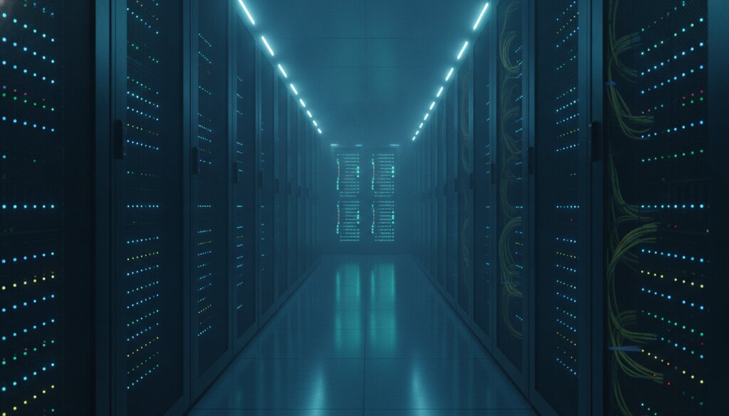 Gang tussen serverracks in een AI-datacenter met blauwe verlichting