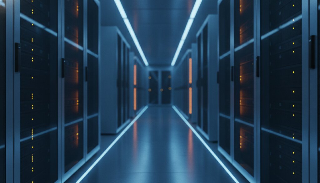 Gang met serverracks in een modern datacenter, gekoeld door blauwe verlichting