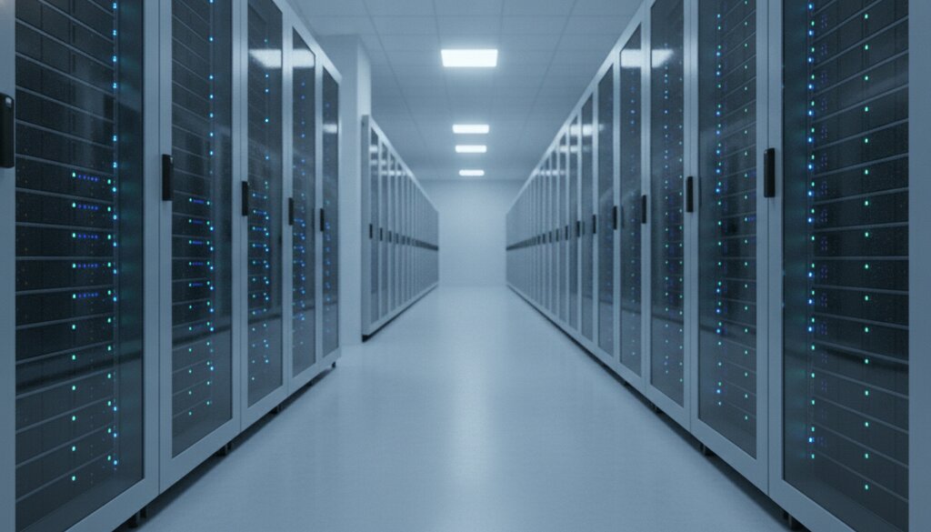 Serverrijen in een groot datacenter waar AI-modellen worden getraind
