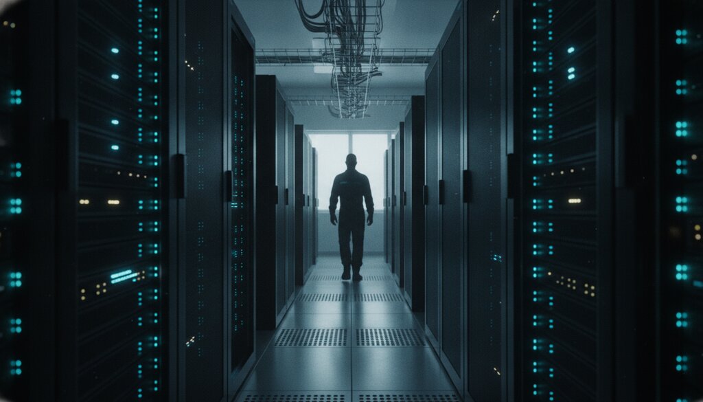 Serverruimte van een datacenter met blauwe verlichting waar AI-modellen worden getraind