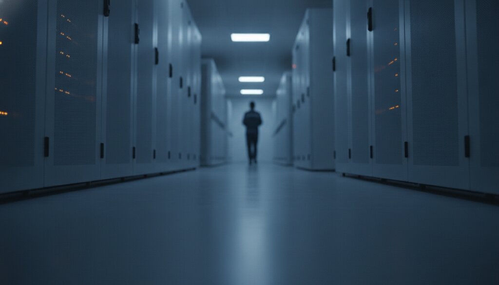 Gang tussen serverracks in een datacentrum met blauwe en oranje statuslampjes