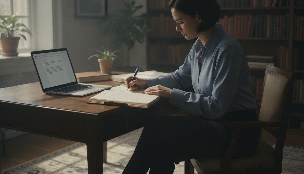 Arts maakt met de hand aantekeningen naast een laptop aan een houten tafel