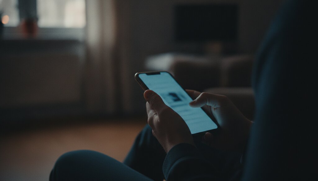Handen houden een smartphone vast in een schemerige kamer, symbool voor online privacy