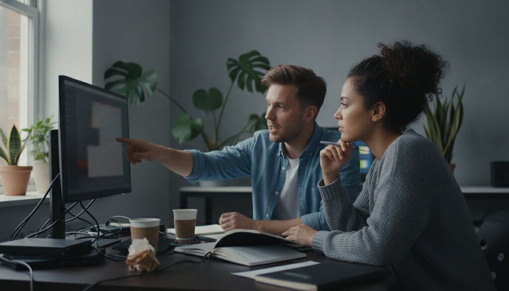 Twee videomakers bekijken samen beeldmateriaal op een monitor in een kleine productiestudio