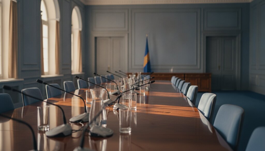 Lange vergadertafel met microfoons in een stille overheidszaal