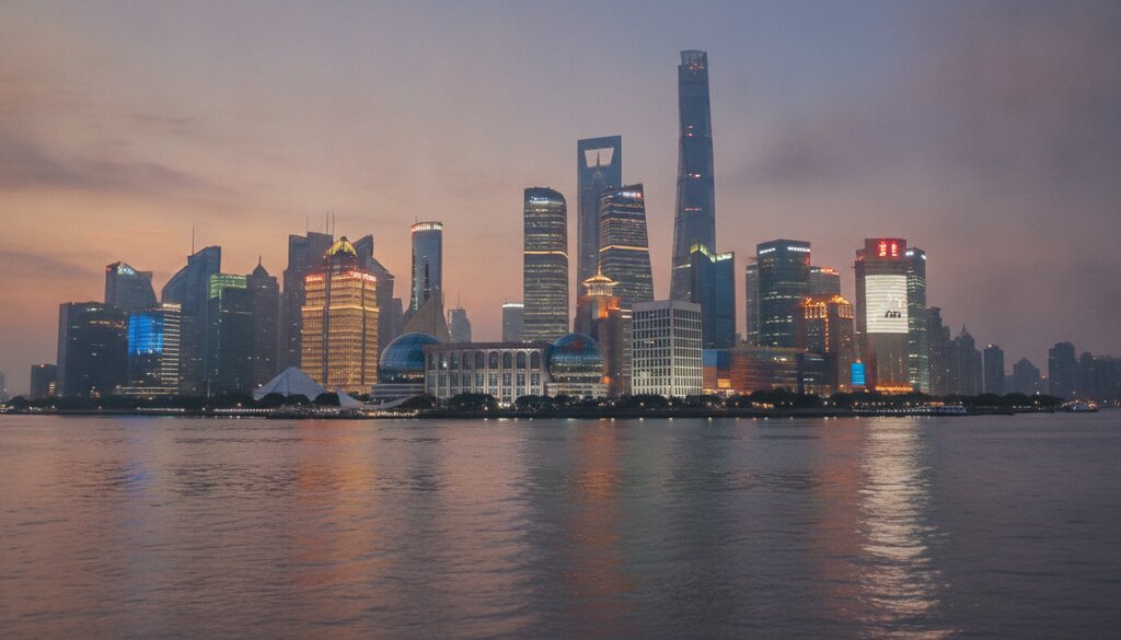 De skyline van Shanghai bij schemering vanaf de rivier