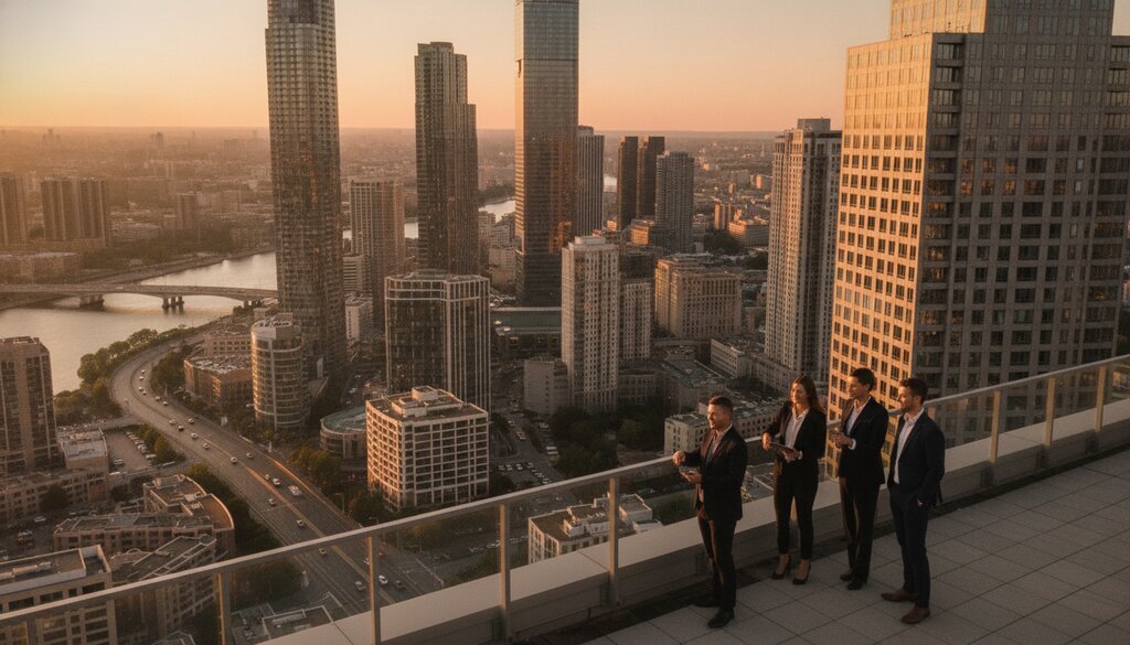 Professionals op een dakterras kijken bij zonsondergang uit over een grote stad