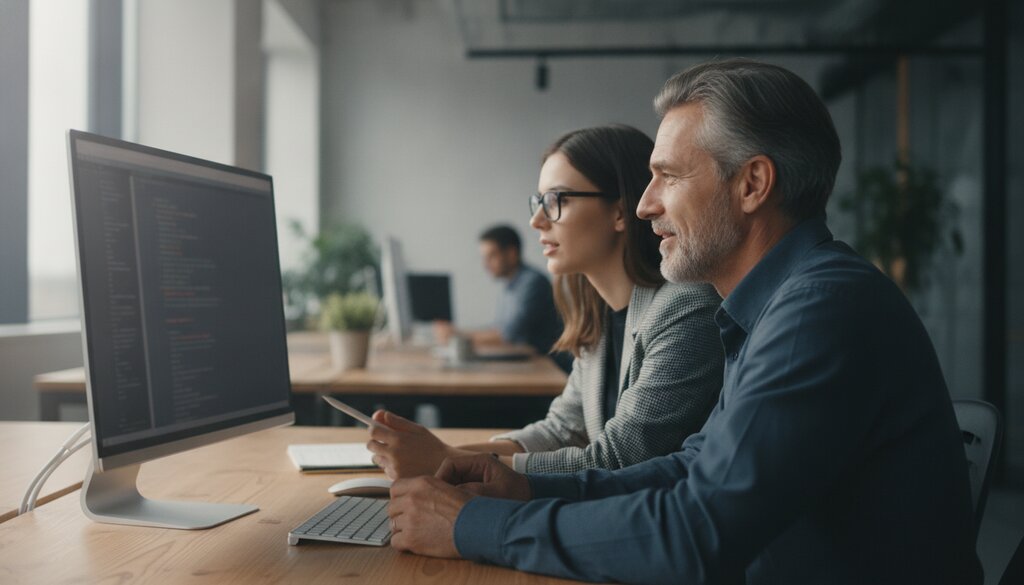 Junior en senior engineer werken samen aan een bureau op kantoor