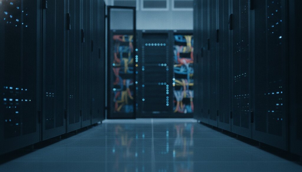 Gang in een datacenter met rijen donkere serverracks en blauwe ledlampjes