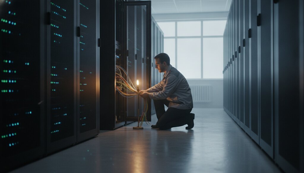 Technicus controleert kabels in een serverruimte met AI-infrastructuur