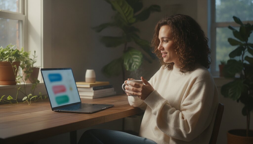 Vrouw met koffie praat thuis aan haar bureau met een AI-assistent op haar laptop