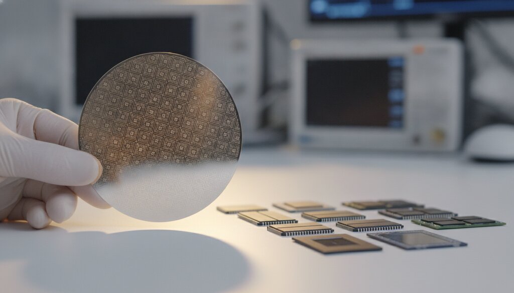 Close-up van geheugenchips en een siliciumwafer op een werkbank in een laboratorium
