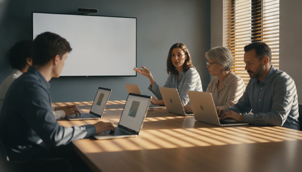 Collega's volgen samen een AI-training rond een tafel in een vergaderruimte